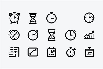 Poster - Collection of simple black line art icons representing time management scheduling and analytics with clocks hourglasses stopwatches and charts