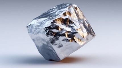 Poster - A large piece of silver metal foil appears in an abstract rock form, gently suspended, illuminated by soft natural light above