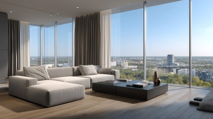Poster - Stylish living room features an oversized abstract painting, a soft velvet sofa, and a chic black coffee table with neutral tones