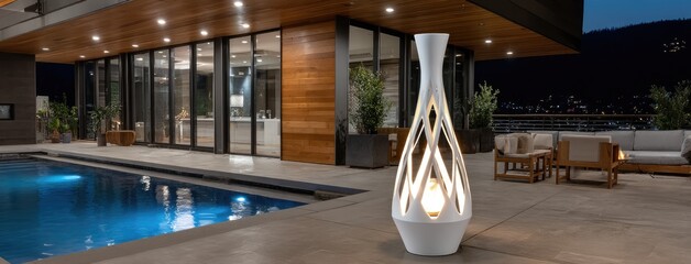 Poster - Modern abstract sculpture of white fabric stands illuminated on terrace with luxurious architecture, creating a stunning artistic effect