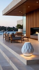 Poster - Modern abstract sculpture of white fabric stands illuminated on terrace with luxurious architecture, creating a stunning artistic effect