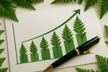 Poster - Nature's Ascent: A conceptual image blends the beauty of nature with the concept of business growth, featuring fern leaves integrated into a growth chart and pen for success.