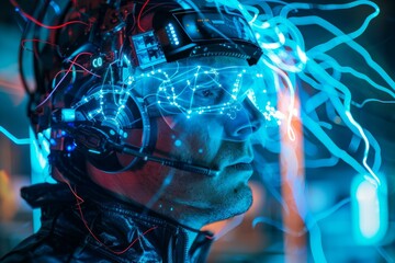 Poster - Innovative brain computer interface technology connects scientist's mind to digital network, enhancing cognitive abilities in cutting edge research