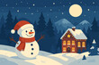 © Marie - Magical Christmas Eve Night. Cheerful Snowman in Red Hat and Scarf, Festive Winter Landscape with Snowy Forest, Cozy House, Mountains, Full Moon, Starry Sky. Holiday Vector Illustration
