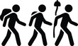 © Mahfuz - Three stick figures walking one carrying a backpack and one using a walking stick black silhouette illustration