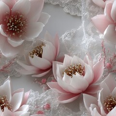 Poster - Softly colored lotus flowers showcase intricate lace and silk petals amid delicate fabric layers, creating an elegant floral display SEAMLESS PATTERN