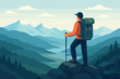 © Marie - Mountain Hiking Adventure, Man with Backpack Overlooking Scenic Valley, Panoramic Landscape, Outdoor Exploration, Nature Travel, Trekking, Flat Vector Illustration