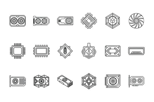 Line art graphic cards computer components set on vector