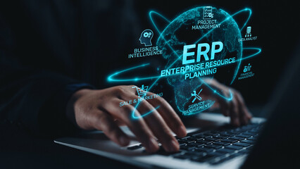 Poster - ERP platform visual showing centralized system for enterprise resource planning, improving integration, data flow, business efficiency, finance, inventory, and human resources. Elide