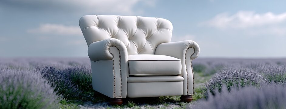 A white sofa stands out against a lavender field under a bright blue sky, adding to the serene atmosphere