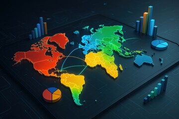 Poster - Global Data Insights: An innovative visualization depicts the interconnectedness of global markets and trends. The image showcases the earth in vibrant colors, emphasizing statistical data, diagrams.