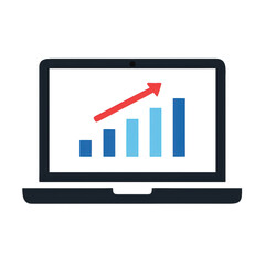 Poster - Laptop displaying a rising bar graph with an upward arrow isolated on transparent background