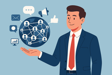 Poster - Businessman holding global structure, networking and data exchanges connection. Customer network, digital marketing, social media, communication, and internet business concept.