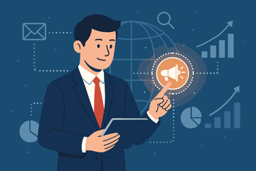 Poster - Businessman using a tablet for a digital marketing strategy. Global network connection, analyzing sales data and financial investment. Business growth chart and promotion concept.