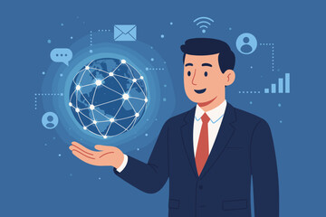 Poster - Businessman holding a global network globe with digital connections and data exchange. Telecommunication technology concept for internet business, social media, and communication.