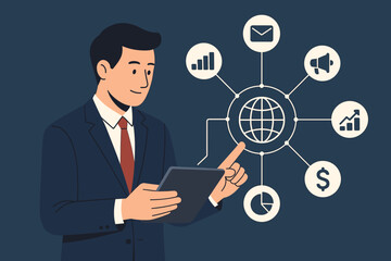Poster - Businessman with tablet analyzes business sales data. Digital marketing, global network connection, financial investment and strategy concept with growth graph and chart icons.