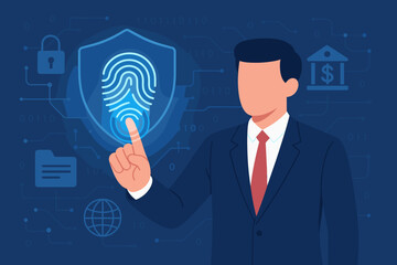 Poster - Businessman Touching Digital Fingerprint for Cyber Security Access, Online Identity Verification, Financial Data Protection, Internet Security, Technology Network Concept