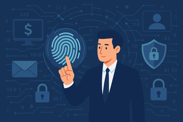 Poster - Businessman Touching Digital Fingerprint for Cyber Security Access, Online Identity Verification, Secure Financial Data, Internet Protection, Technology, Network Privacy Concept