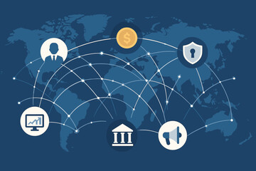 Poster - Global Financial Communication Network Concept. Business Finance Banking Internet Connection. Data Exchange Security Digital Marketing Technology. Worldwide Online Transactions