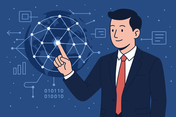 Poster - Businessman Touching Global Network Interface, Digital Data Exchange, Big Data Analytics, Cyber Technology, Global Connectivity, Modern Business Communication Vector
