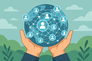 Poster - Global network connection in hands, digital social media community, worldwide data sharing, people communication, internet technology, abstract science vector illustration