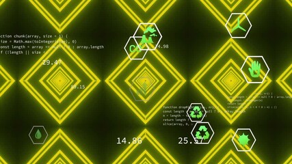 Poster - Opening rotating diamond grid while icons drifting and code scrolling simulating data updates