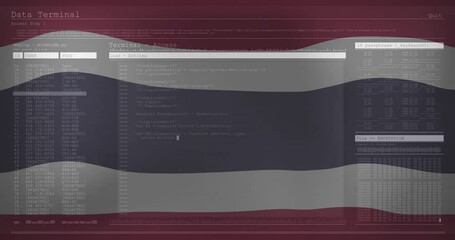 Poster - Animated flag waving then terminal window fading in while code loading for secure access simulation