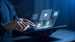 © CreativeEarth - Engaging Interface: Person Interacting with Interactive Media Icons on Tablet Device, Visualizing Modern Communication and Entertainment Options.