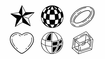 Aufkleber - A collection of six black and white geometric shapes including a star heart and spheres and a cube shape created with generated ai