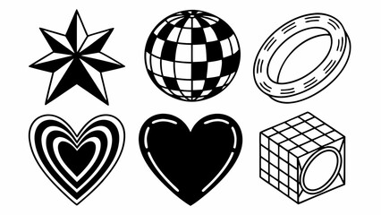 Aufkleber - Six black and white geometric shapes including a star globe heart ring and a cube illustration created with generated ai