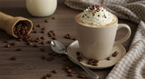 Cappuccino em caneca bege com chantilly