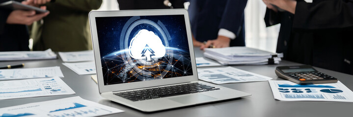 Poster - Panorama shot analyst team utilizing BI Fintech to analyze financial report with laptop. Businesspeople analyzing BI data dashboard displayed on laptop screen for business insight. Prodigy