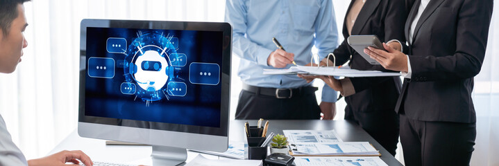 Poster - Business intelligence and data analysis concept. Analyst team working on financial data analysis dashboard on laptop screen as marketing indication for effective business strategic planning. Insight