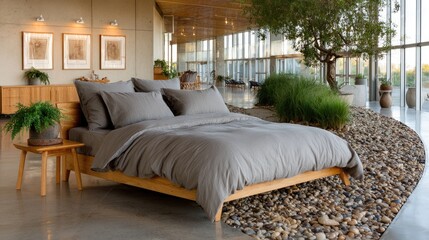 Poster - Bright modern bedroom showcases an oak bed frame, large windows, and a neutral palette, featuring plants and minimalist art decorations
