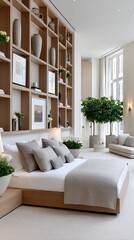 Poster - Bright modern bedroom showcases an oak bed frame, large windows, and a neutral palette, featuring plants and minimalist art decorations