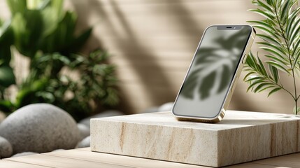 Poster - A sleek smartphone mockup rests on a cream stone pedestal, showcasing elegant design under soft beige lighting without any screen content
