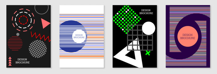 Poster - Set of cover design in Memphis style. Geometric design, abstract background. Fashionable bright cover, banner, poster, booklet. Creative colors.