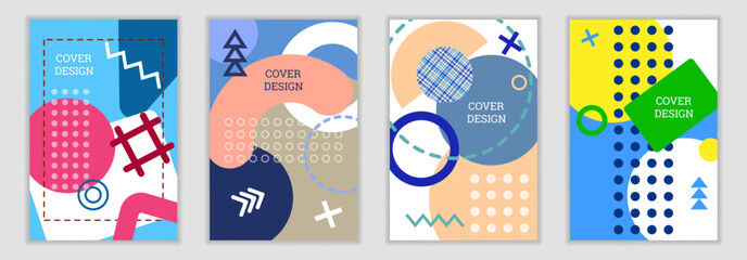 Poster - Bright background in Memphis style. Set of geometric cover designs. Fashionable bright cover, banner, poster, booklet. Bright colors. Vector