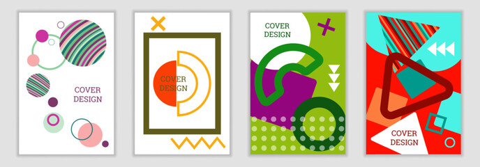 Poster - Bright background in Memphis style. Set of geometric cover designs. Fashionable bright cover, banner, poster, booklet. Bright colors. Vector