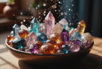 Poster - Artistic arrangement of hovering crystals and gemstones in vibrant colors
