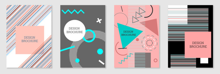 Poster - Set of cover design in Memphis style. Geometric design, abstract background. Fashionable bright cover, banner, poster, booklet. Creative colors.
