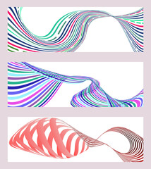 Poster - Wavy lines or ribbons. Set of 3 backgrounds. Multicolored striped gradient. Creative unusual background with abstract gradient wave lines to create a trendy banner, poster. vector eps