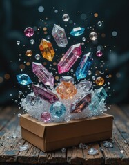 Poster - Artistic arrangement of hovering crystals and gemstones in vibrant colors