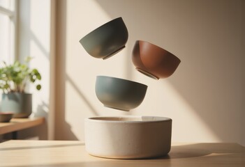 Poster - Hovering ceramic vessels and pottery illuminated by natural light