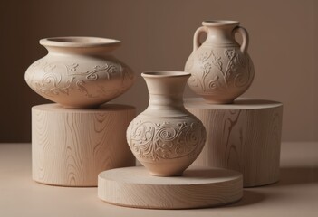 Poster - Hovering ceramic vessels and pottery illuminated by natural light