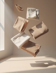 Poster - Floating textile samples and fabric swatches in neutral tones