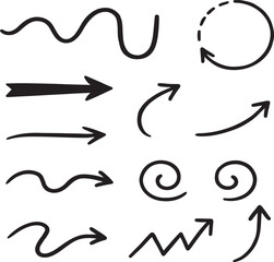  Collection of hand drawn black arrows and wavy lines on a white background representing direction and movement in a simple graphic style