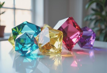 Poster - Colorful floating glass objects and crystal formations on a reflective surface