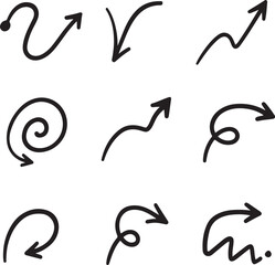  Collection of nine diverse hand drawn black arrows with different shapes and curves on a white background
