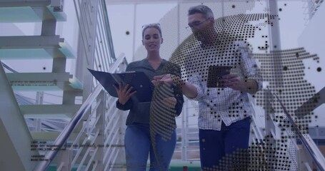 Poster - Colleagues descending staircase starting data check flipping folder tapping tablet with map overlay
